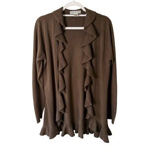 Vintage Suzie Chocolate Ruffled Open Front Cardigan Size M Boho Cozy Fall Layer